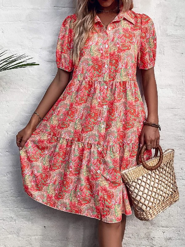 FLORAL BUTTON FRONT PUFF SLEEVE RUFFLE HEM DRESS Cotton floral dresses