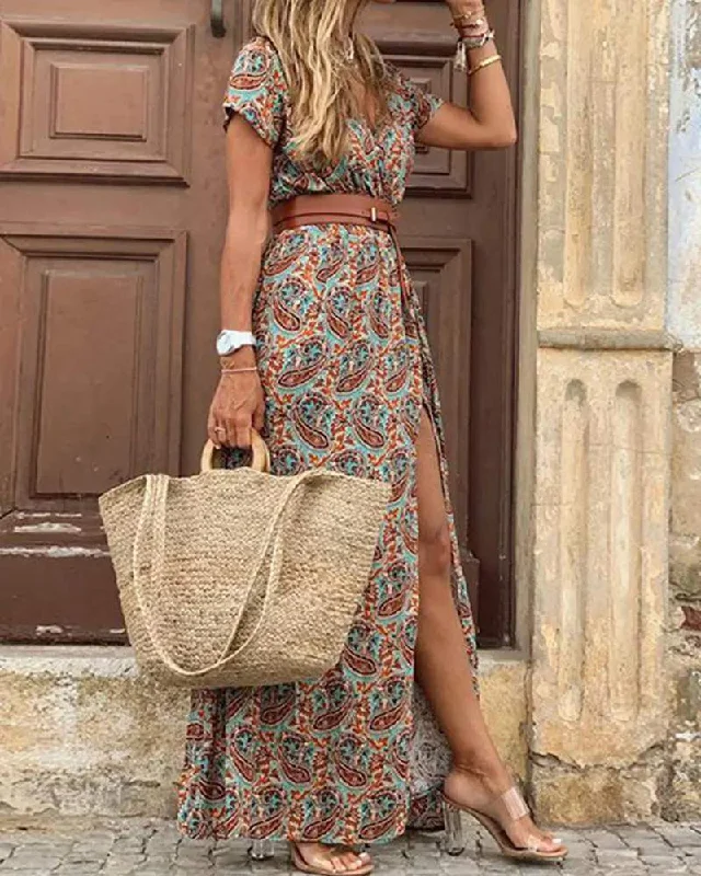 FLORAL PRINT SHORT SLEEVE LOOSE BOHO DRESS Organza floral dresses