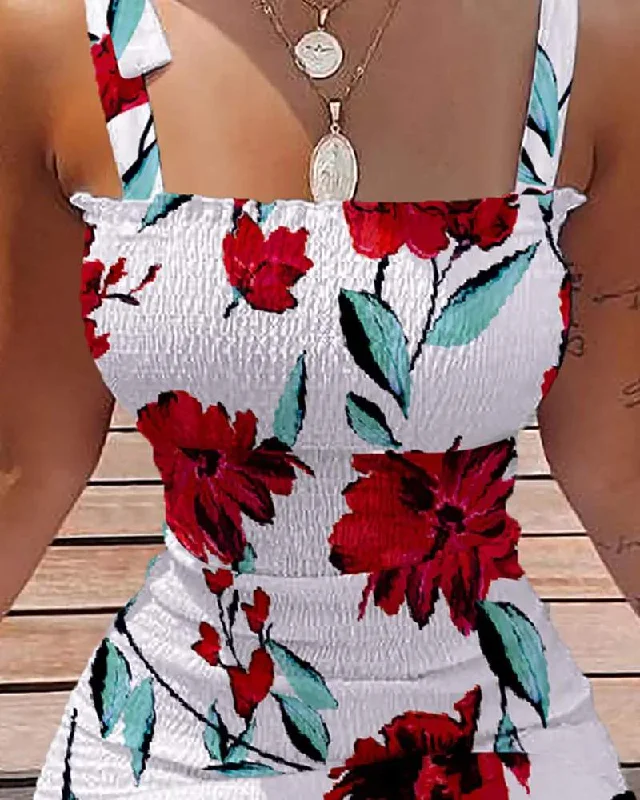 FLORAL PRINT TIED DETAIL FRILL HEM SHIRRED BODYCON DRESS A-line floral dresses