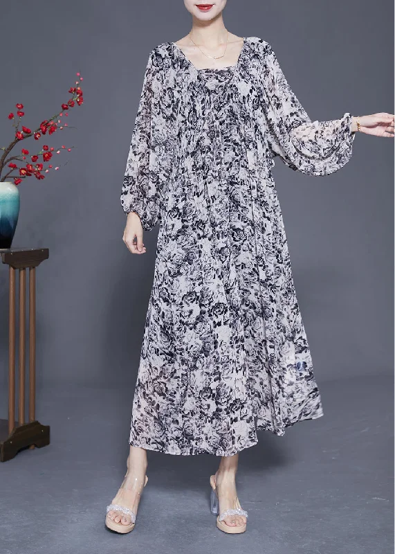 French Black Square Collar Oversized Print Chiffon Long Dress Lantern Sleeve LY1814 Zara floral dresses