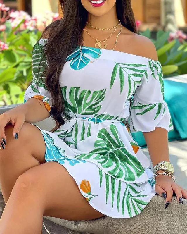 OFF SHOULDER PALM LEAF PRINT CASUAL DRESS Wedding guest floral dresses