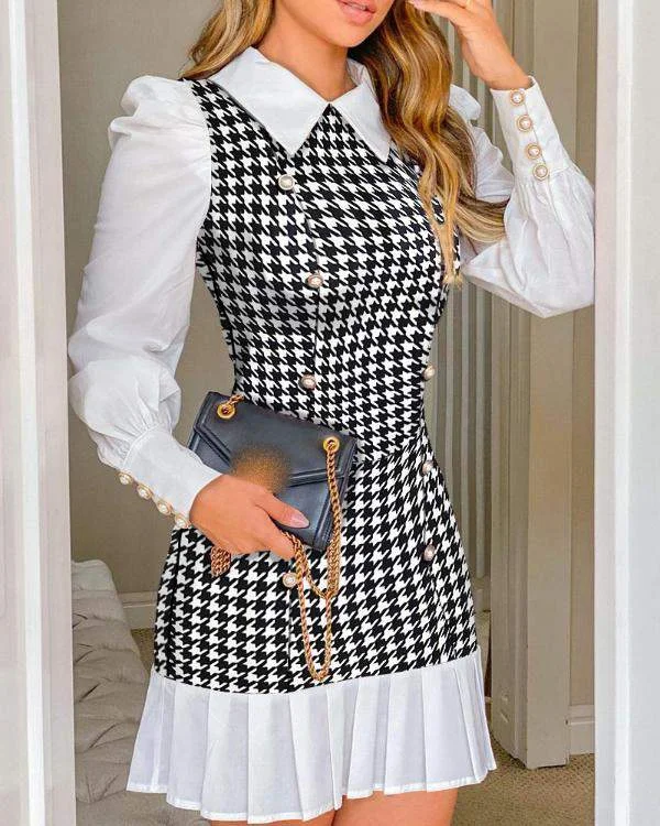 Plaid Print Button Decor Puff Lantern Sleeve Dress Casual floral dresses