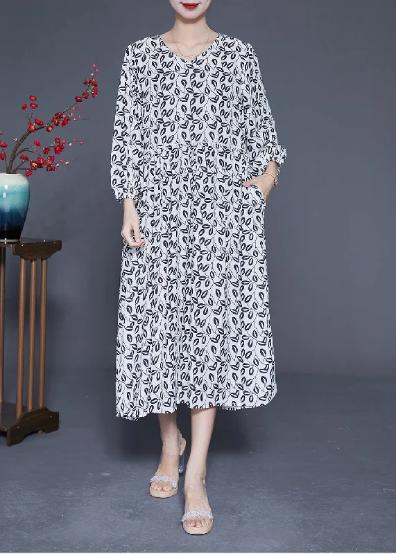 Simple White V Neck Oversized Print Chiffon Long Dresses Spring LY1849 Outdoor floral dresses