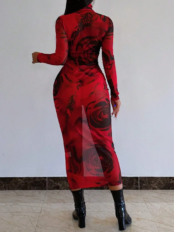 SXY FLORAL PRINT LONG SLEEVE SLIM FIT DRESS Comfortable floral dresses for everyday wear