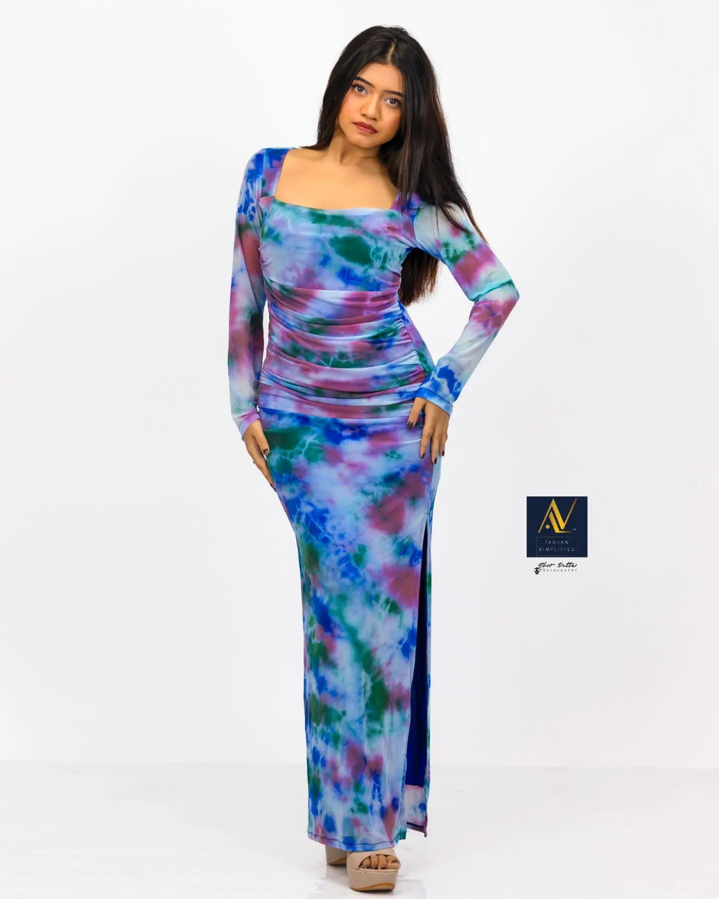 Tie n Dye printed Long Ruchhed Gown Best floral dresses for elegant looks