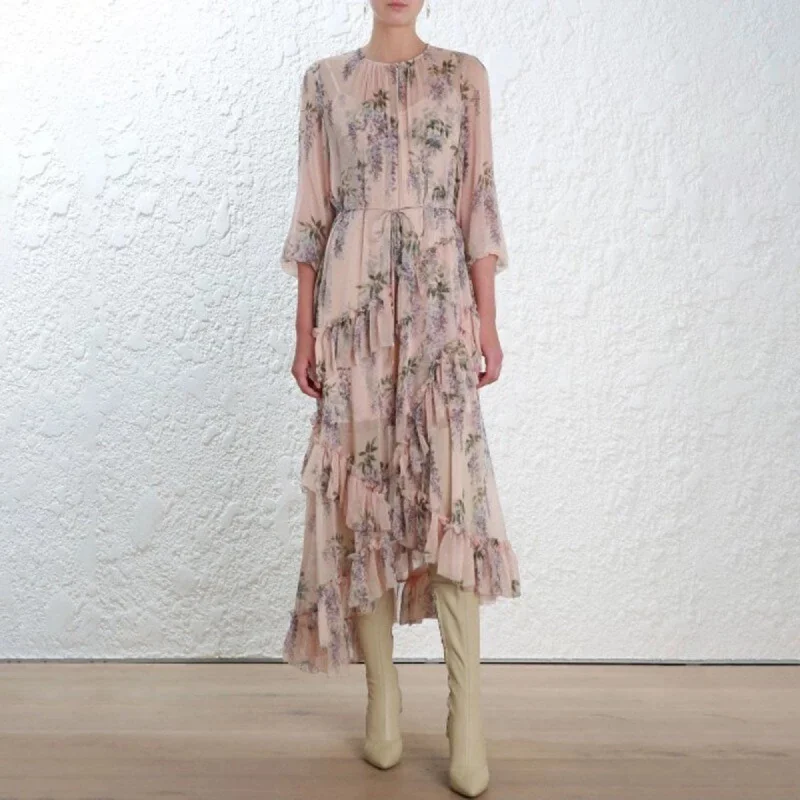 Women's Autumn Asymmetrical Long-Sleeved Dress With Print Flattering floral dresses for all body types