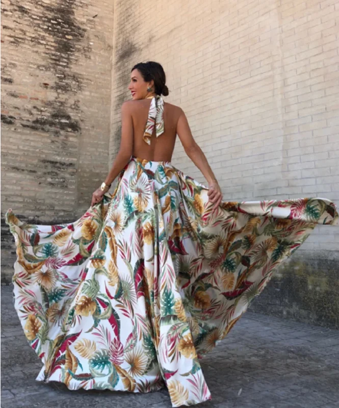 Women's Summer Casual Backless Long Dress With Floral Print Knitted floral dresses