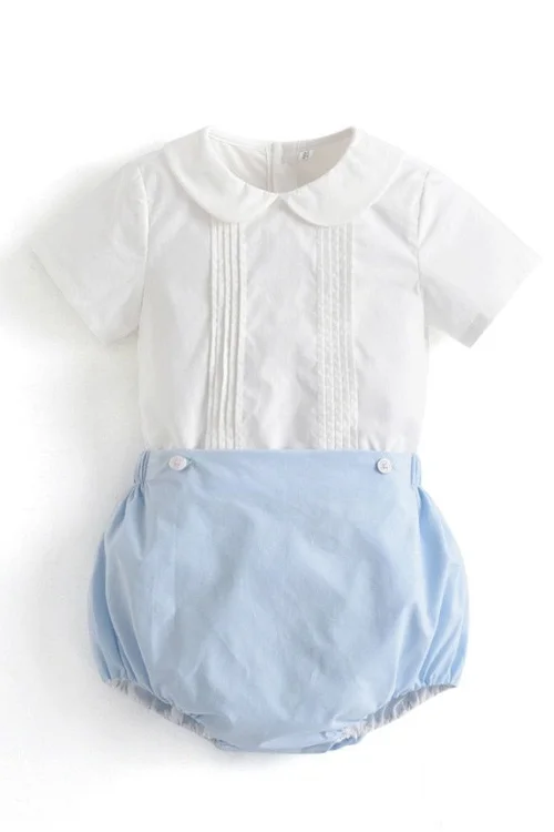 Summer Baby Boy Spanish Clothes Set Children White Cotton Shirt Peter Pan Collar Blue Linen Shorts Bloomers Outfits Plaid Skater Skirt