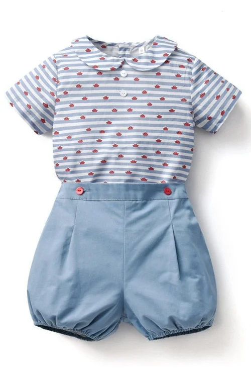 Baby Boy Spanish Clothes Set Children Summer Cotton Outfits Striped Tops Shirt Peter Pan Collar Blue Shorts Pants Long-sleeve Mini Skirt