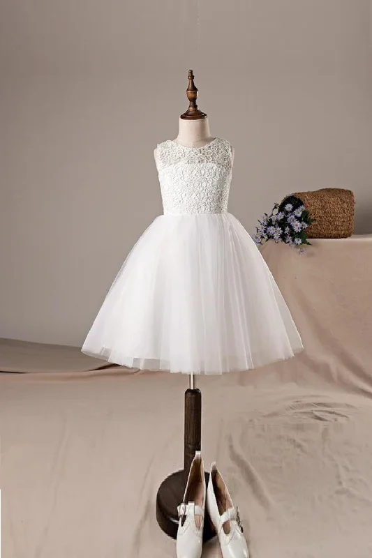 Lace Short Flower Girls Dresses Sleeveless Backless Elegant Junior Bridesmaid Dresses With Bow Princess Button-up Mini Skirt