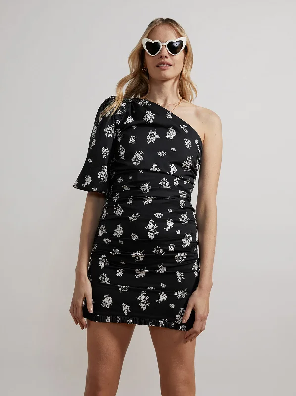 Morera Black Mono Floral One Shoulder Mini Dress High-Waisted Skater Skirt