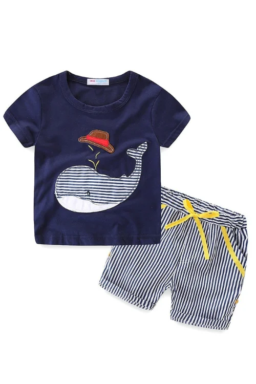 Boys Outfits Cute Cartoon Whale Pattern T-Shirts and Striped Summer Shorts Set for Kids Clothes Beach Suit Slim Fit Mini Skirt