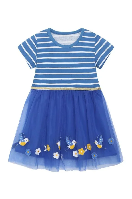 Princess Girls Dresses Birds Applique Stripe Short Sleeve Children's Costume Casual Mini Skirt