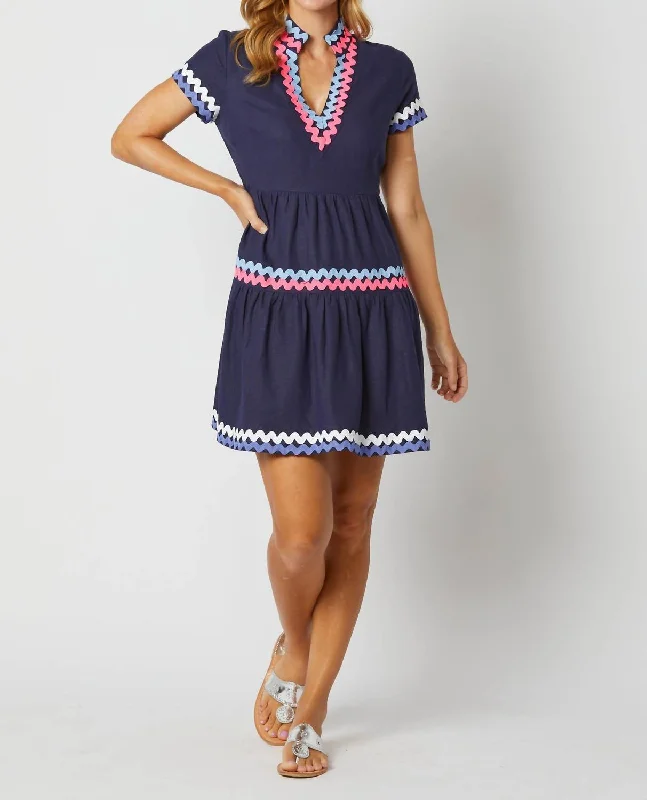 Short Sleeve Fit And Flare Dress in Navy Polka Dot Skirt