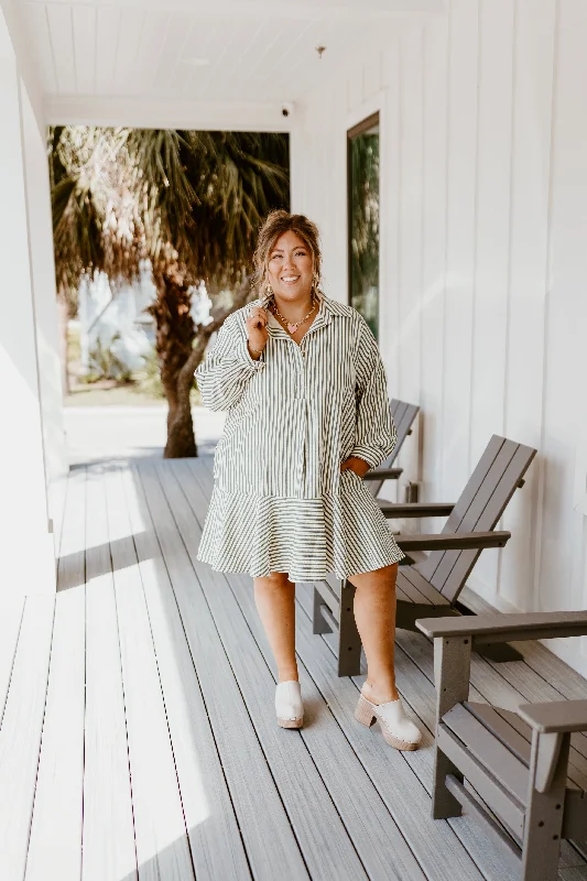 Hunter Green Striped Long Sleeve Collared Dress Black Maxi Skirt