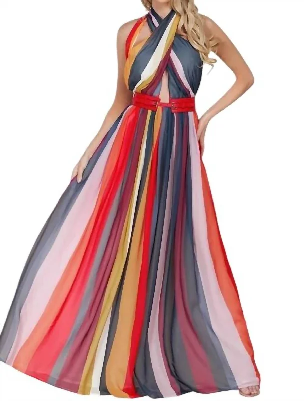 Stripe Halter Maxi Dress In Multicolored Maxi Skirt Chic