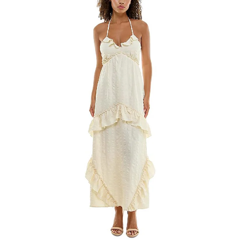 Womens Maxi Ruffled Halter Dress V-neck Maxi Skirt