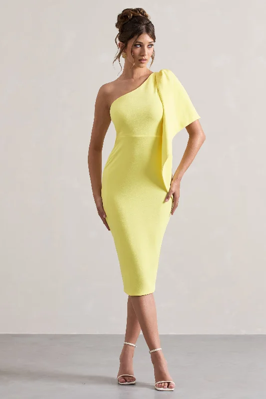 Carlana | Lemon Asymmetric Midi Dress With Ruffled Drape Midi Skirt Dress