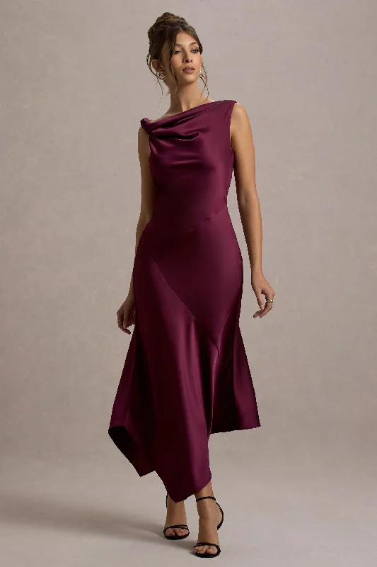 Donelli | Plum Satin Asymmetric Midi Dress Midi Skirt Chic