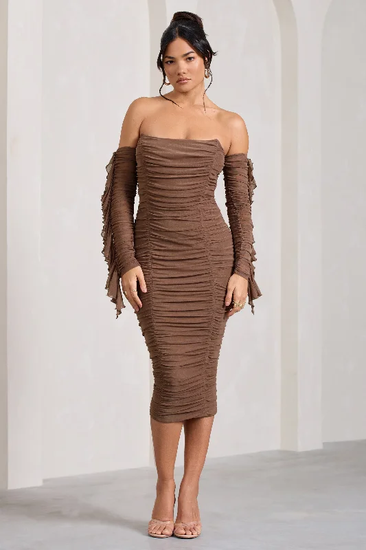 Favor | Mocha Ruched Mesh Bardot Midi Dress Ribbed Midi Skirt