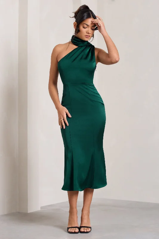 Golden Girl | Bottle Green Satin One Shoulder High-Neck Flared Midi Dress Black Midi Skirt