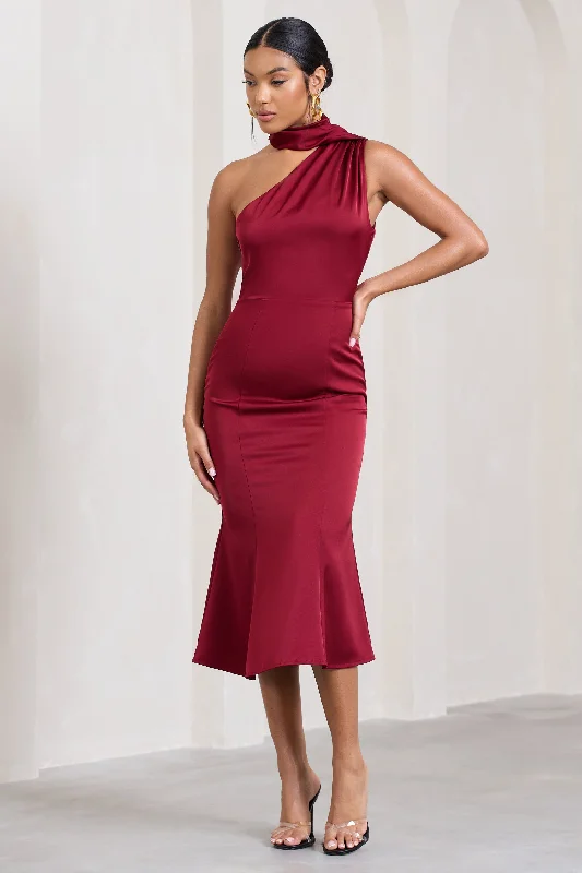 Golden Girl | Burgundy Satin One Shoulder High-Neck Flared Midi Dress Polka Dot Midi