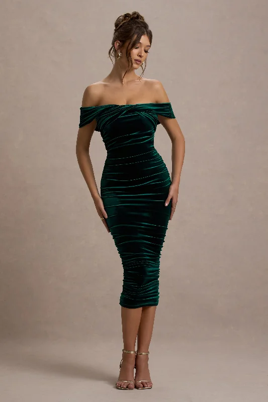 Gratitude | Bottle Green Velvet Off The Shoulder Ruched Midi Dress Fitted Midi Skirt