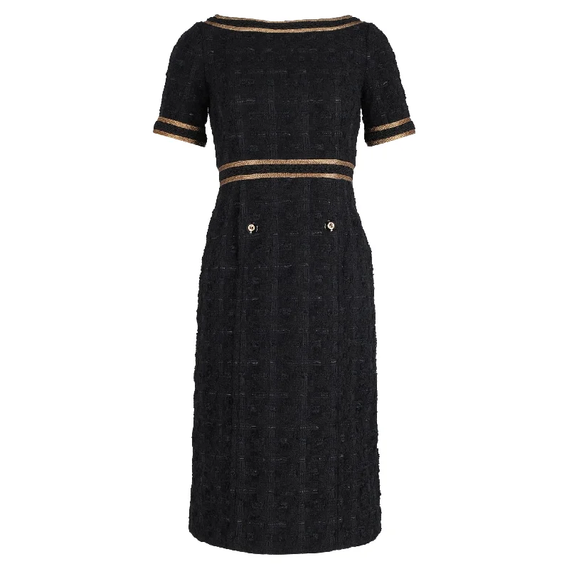 Gucci Midi Ribbon-Trimmed Embroidered Dress in Black Tweed Pleated A-line Skirt