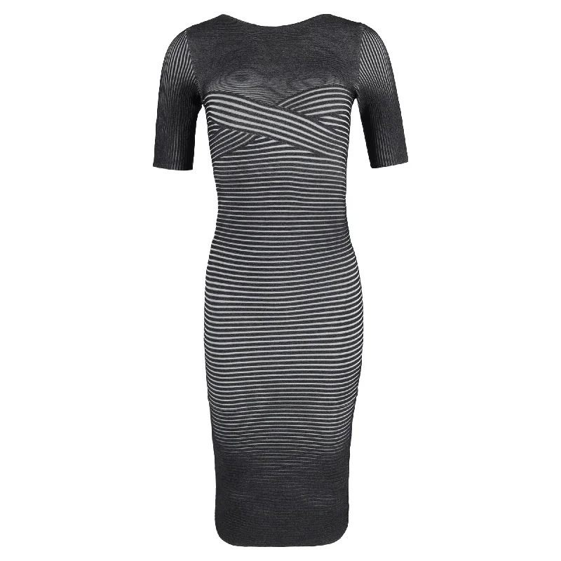 Herve Leger Metallic Ribbed Bandage Midi Dress in Grey Polyester Denim Midi Skirt