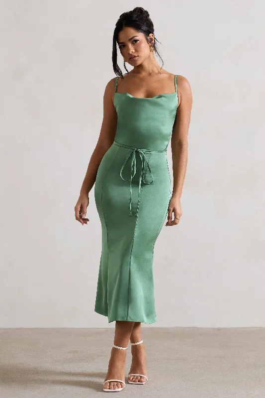 Just A Moment | Soft Green Satin Cowl-Neck Midi Dress With Tie Waist Midi Skirt Trend