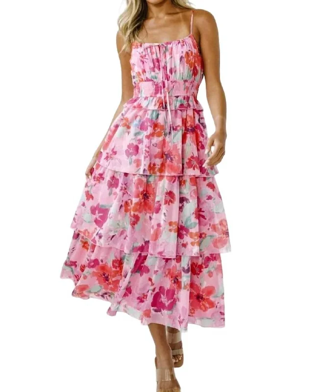 Layla Floral Midi Dress In Pink Vintage Printed Skirt