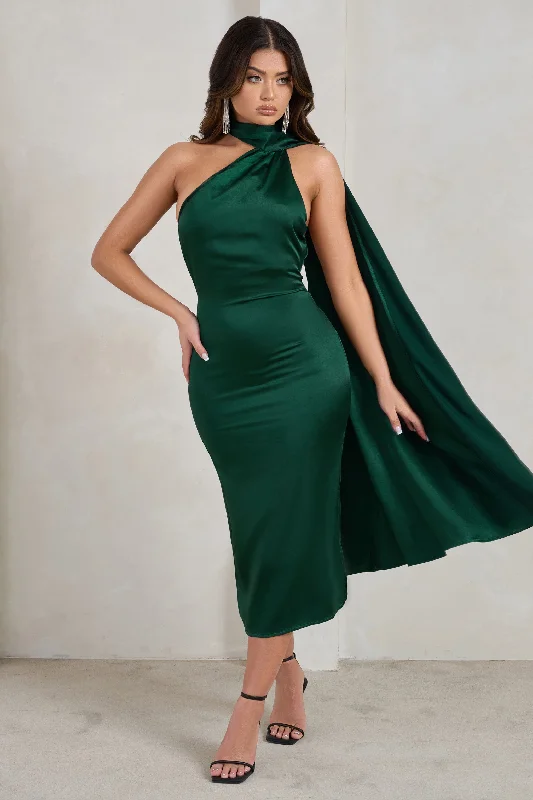 Madame | Bottle Green Satin Asymmetric Scarf Neck Backless Midi Dress Casual Midi Outfit