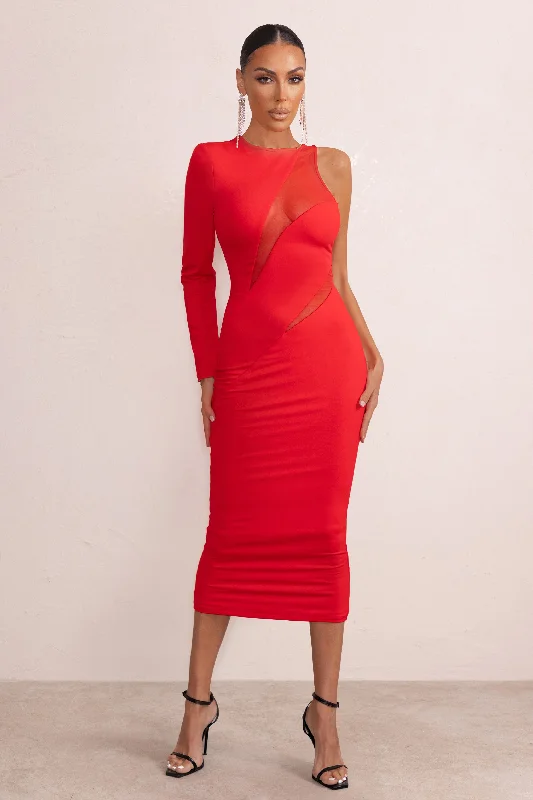 Marya | Red High Neck Asymmetric Mesh Detail Bodycon Midi Dress Boho Midi Skirt