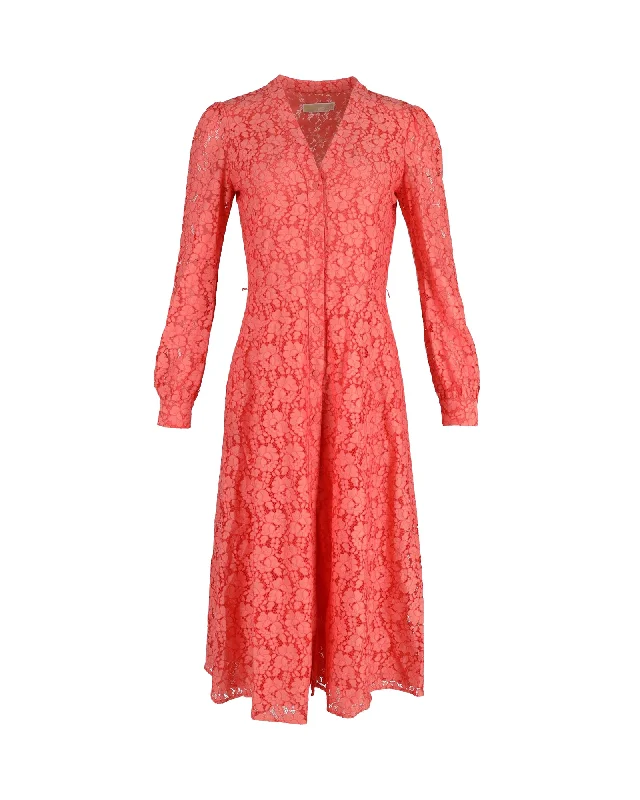 Michael Michael Kors Long Sleeve Midi Dress in Coral Cotton Lace Casual A-line Skirt