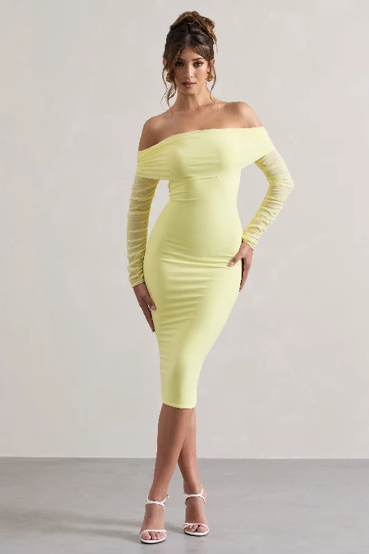 Only You | Lemon Ruched Mesh Bardot Midi Dress Cozy Midi Skirt