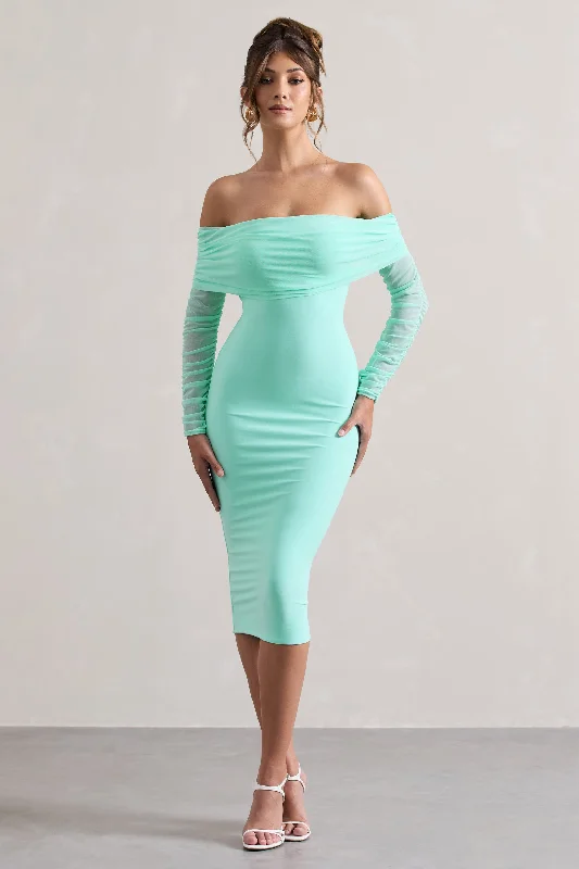 Only You | Mint Ruched Mesh Bardot Midi Dress Plain Midi Skirt