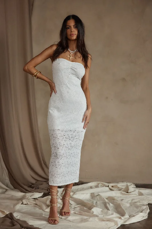 Reagan Strapless White Lace Midi Dress Winter Midi Skirt