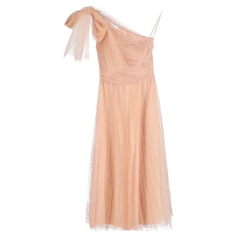 Red Valentino One-shoulder Pleated Point D'esprit Tulle Midi Dress In Beige Polyester Midi Skirt Look