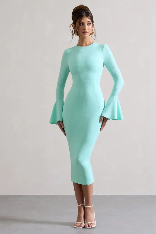 Rhyanne | Mint Bodycon Flared-Sleeve Midi Dress Tulle A-line Skirt