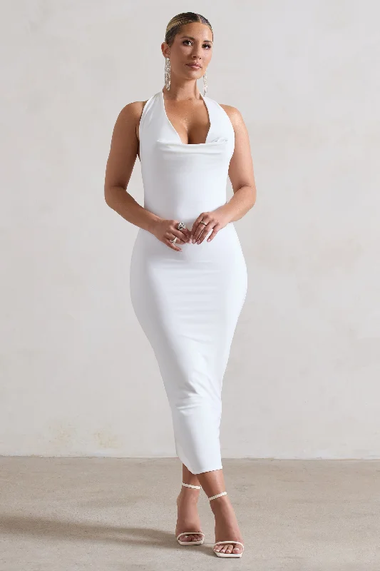 Roulette | White Cowl-Neck Midi Dress Structured Midi Skirt