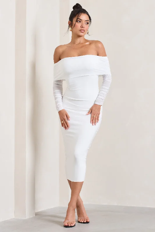 Only You | Ivory Ruched Mesh Bardot Midi Dress Chic Midi Skirt