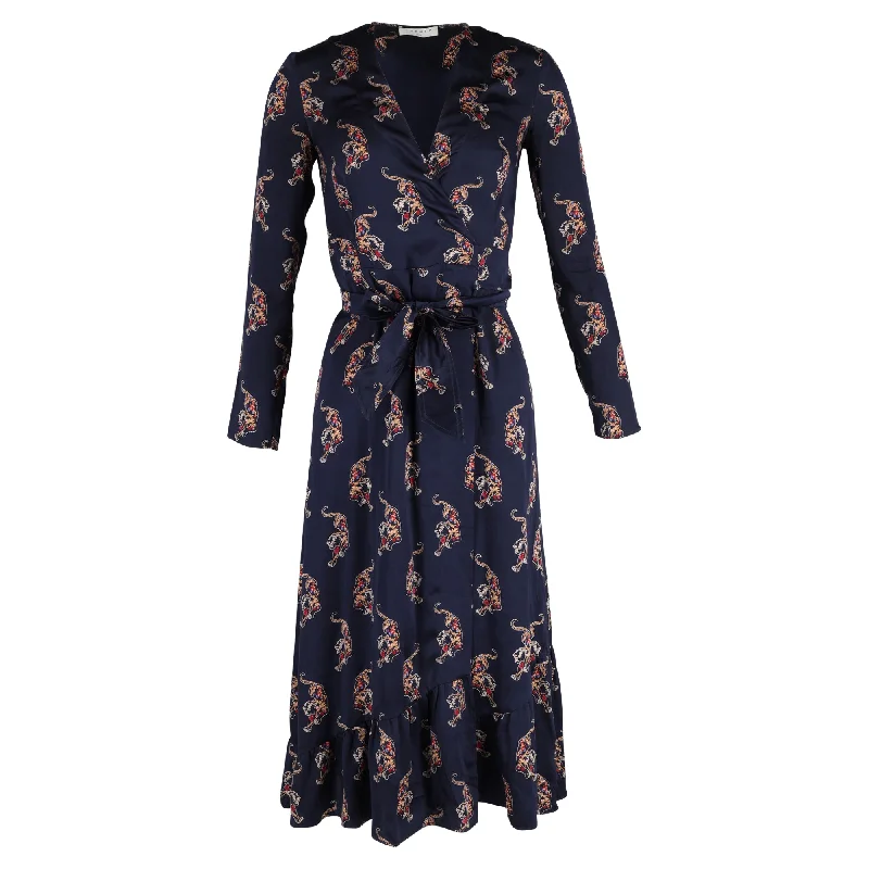 Sandro Paris Printed Wrap Midi Dress in Navy Blue Silk Tulle Midi Skirt