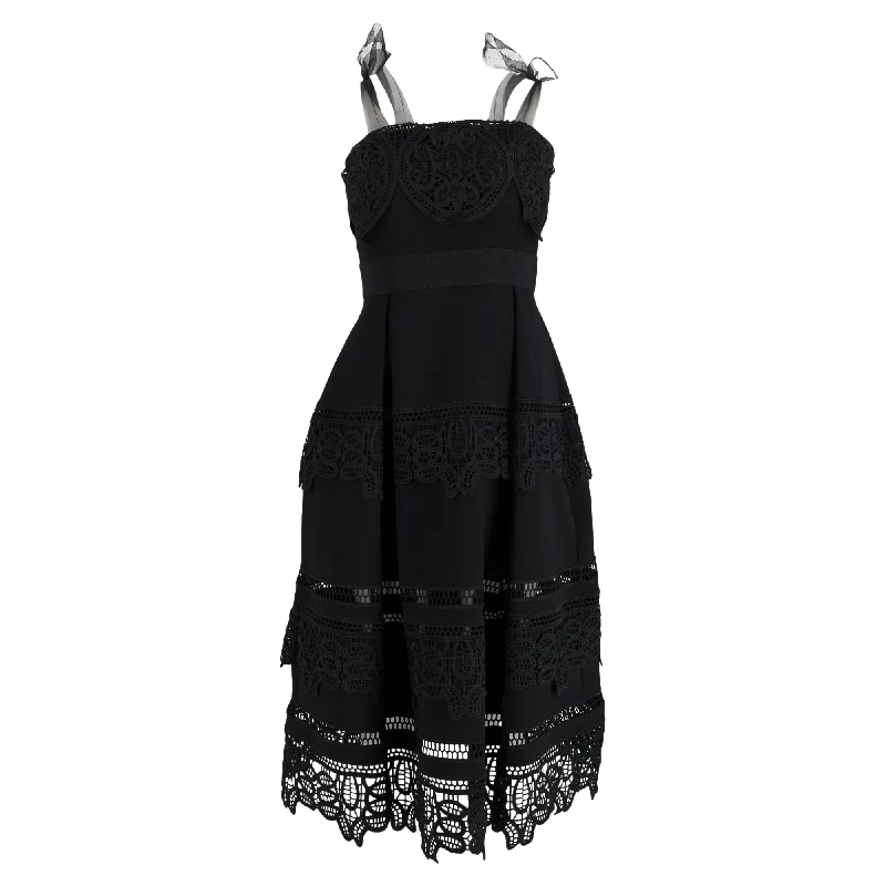 Self-Portrait Midi Lace Trim Self-Tie Dress in Black Cotton Wraparound Midi Skirt