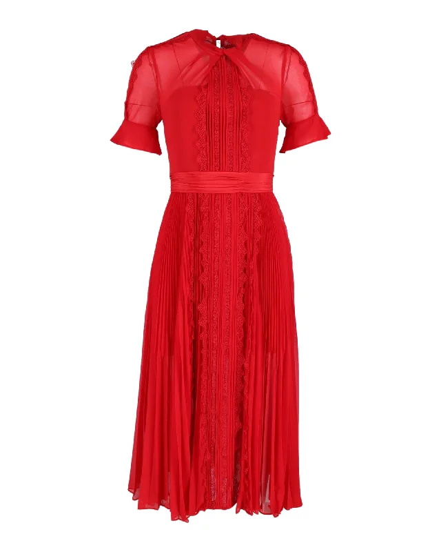 Self-Portrait Pleated Midi Dress in Red Silk Soft Wool Midi