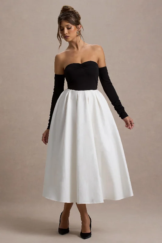 Solada | Black & Cream Bardot Pleated Midi Dress Pleated Floral Midi