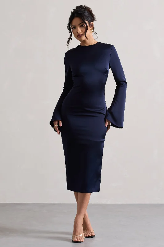 Zaina | Navy Long Sleeve Midi Dress with High Neckline Midi Skirt Set