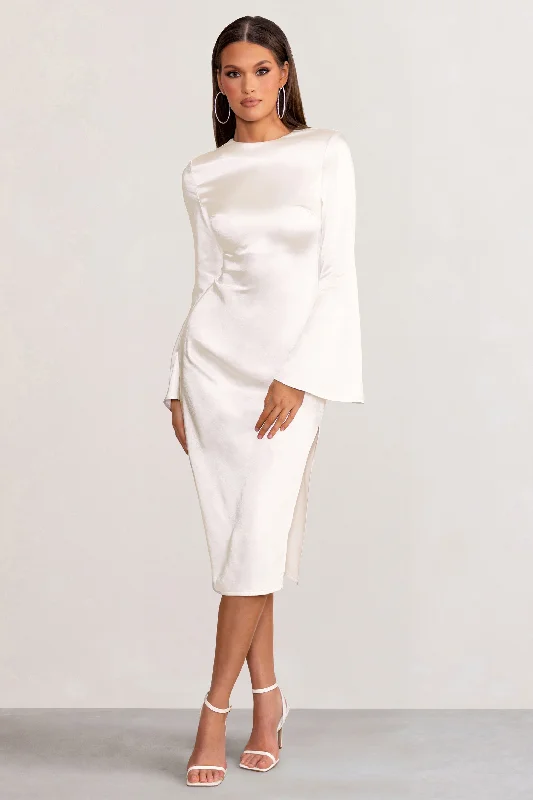 Zaina | White Long Sleeve Midi Dress with High Neckline Satin Midi Skirt