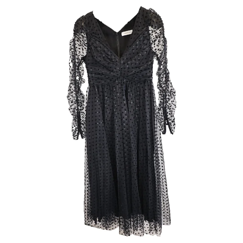 Zimmermann Midi Polka Dot Tulle V-Neck Long Sleeve Dress in Black Polyester Floral Midi Skirt